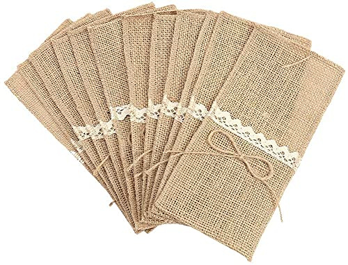 Alnicov Natural Burlap Lace Utensil Cutlery Holders Pouch,Jute Napkin Holders Bags for Vintage Wedding Party dinner Thanksgiving banquet Tableware Decorations(Jute Bow-20 Packs)