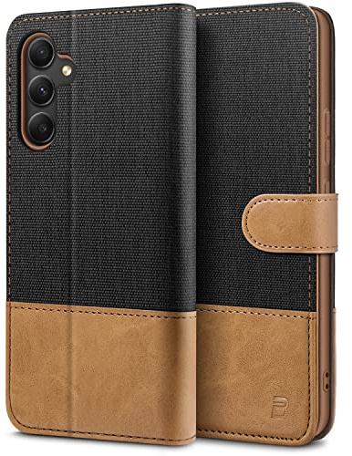 BEZ Fodral för Samsung A34 5G Telefonfodral, Kompatibelt med Samsung Galaxy A34 5G, Flip Plånboks [Kanvas Fuskläder] med Kreditkortshållare, Sparkstativ, Magnetisk Remstängning, Svart