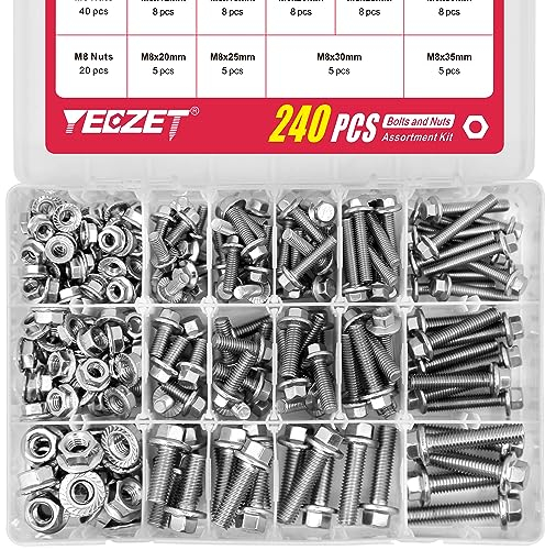 Kit de Boulons et Écrous à Bride de 240 Pièces M5 M6 M8, en Acier Inoxydable 304. Comprend Les 14 Tailles Les Plus Courantes.