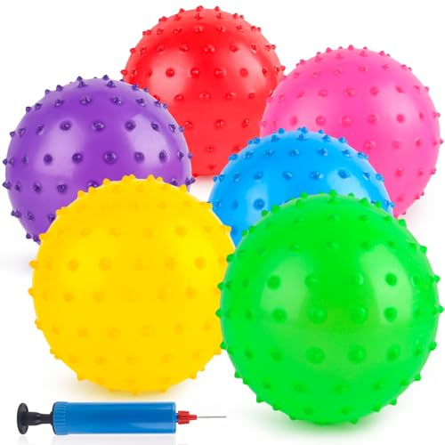 LOVEINUSA 6PCS Bouncy Balls, 7 Inch Sensory Balls for Babies Toddlers, Mini Knobby Ball Spiky Massage Stress Ball with Pump, Party Favors for Kids, Classroom Prize, Goodie Bags Stuffers