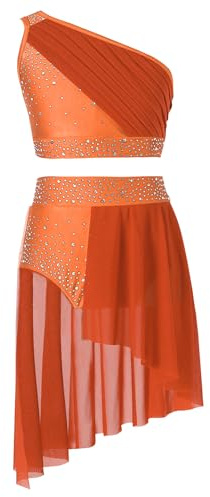 Nyeemya Vestido de Patinaje Artistico sobre Hielo para Niñas Traje de Gimnasia Rítmica con Crop Top de un Hombro y Falda de Danza Lírica Contemporánea Naranja 11-12 años