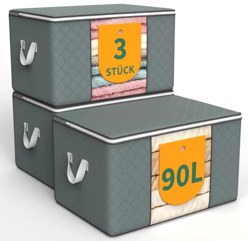 WALL QMER 3 Stück 90L Aufbewahrungstasche, Aufbewahrungsbox mit Deckel, Schrankorganisator mit Robusten Griffen, Faltbarer Unterbettschrank für Kleidung, Decken, Bettwäsche und Spielzeug, Grau