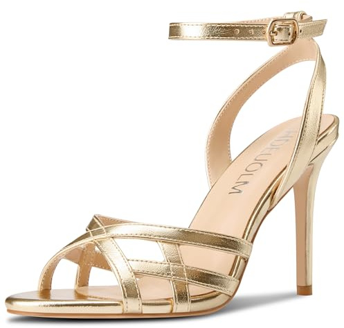 HDEUOLM Femmes Aiguille Haut High Talon Heel Rond Bout Sandales Slingback Lanières Cheville Boucle Mariage Dress 10 CM Heels Or 43 EU