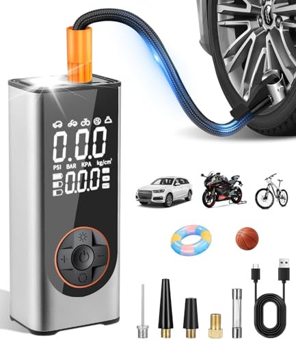 Compresor Aire portatil, 150PSI Inflador Ruedas Coche, 6000mAh Mini Compresor Aire Coche con Batería Recargable y Luz LED, LCD Digital, Inflador Electrico Bicicleta para Coche Moto Bicicleta Pelota