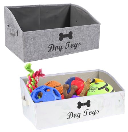 Ctomche 2 Pack Dog Toy Basket and Storage Box, Large Collapsible Fabric Pet Organizer Bin with Handles, Dog & Cat Accessories Storage, Beige/Grey