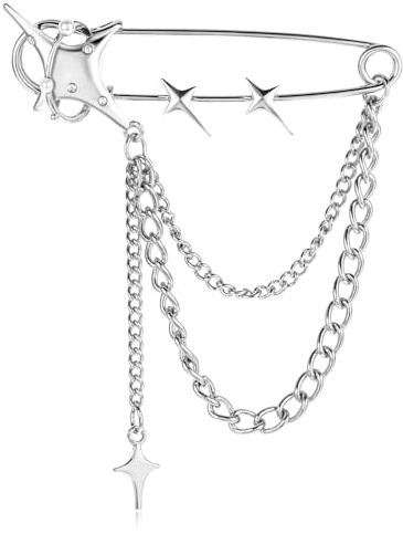 Mabor Stern Brosche Damen Silber Modische Broschen & Anstecknadeln Herren Quasten Sicherheitsnadel mit Kette für Kleidung der Punk Hip-Hop und Vintage Serie(Männer und Frauen)