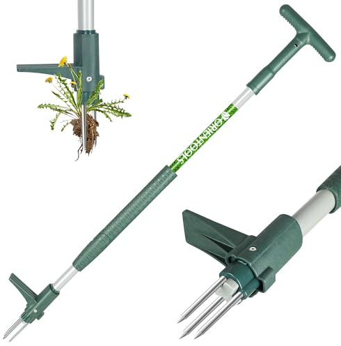 ORIENTOOLS Extractor de malezas de pie, herramienta de mano con 3 garras para diente de león, herramienta de extracción de raíces de malezas, mango largo de 39.4 pulgadas, herramienta de jardín fácil