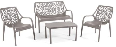 Set / Salotto da giardino ed esterno in polipropilene con fibra di vetro 4 posti, Divano due posti, 2 Poltrone e Tavolino, impilabile, impermeabile, design moderno - Set Maratea (Tortora)