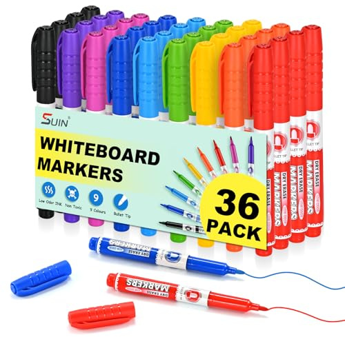 SUIN Lot de 36 marqueurs pour tableau blanc 9 couleurs à faible odeur – Pointe fine moyenne fine pour la maison, le travail, l'école