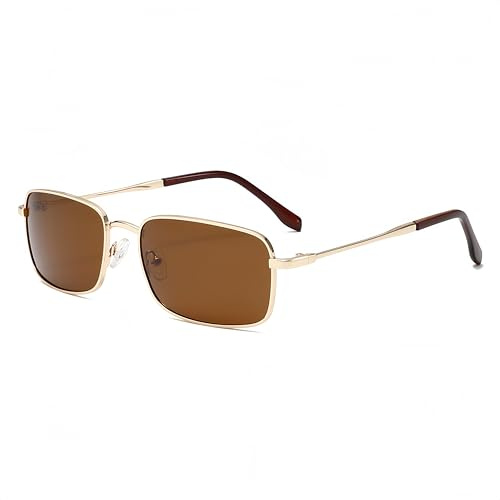 WDZAYXC Lunettes de soleil rectangulaires classiques polarisées rétro pour homme et femme, monture fine en métal vintage lunettes rectangulaires, Doré/marron, Mittelgroß