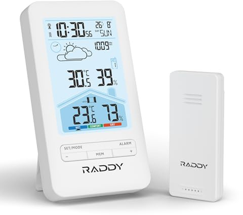 Raddy V4 Wireless Weather Station with Outdoor Sensor, indoor outdoor Temperature & Humidity Monitor with Atomic Clock, Weather Forecast, Dual Alarm, USB-C Rechargeable, 5-Level Backlight for Home