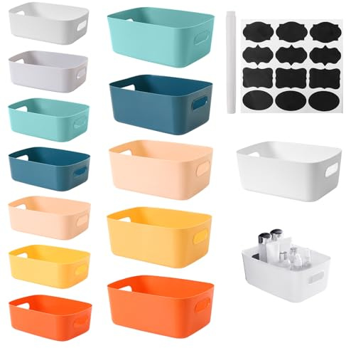 JJZGPP 13 Cajas Almacenaje Plastico,Organizador Baño,Cajas Organizadoras de Plástico con Asas para Escritorio,Oficina,Cosmético,Baño,Juguetes (2 Tamaños,7Colores)