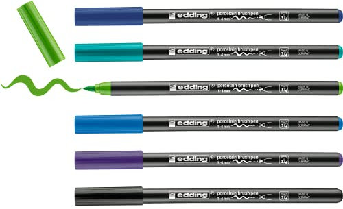 edding 4200 Porzellanpinselstift - bunte Farben - 6 Stifte - Pinselspitze 1-4mm - Filzstift zum Beschriften, Dekorieren von Keramik Porzellan - spülmaschinenfest lichtechte Tinte, schnell trocknend