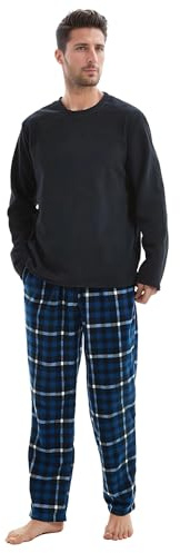 SaneShoppe Maglietta Termica da Uomo, Pantaloni in Pile Polare a Quadri Blu Scuro Set Pigiama Caldi-XL
