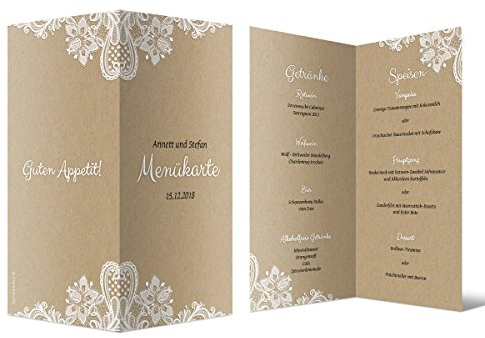 20 x Hochzeit Menükarten Menü Speisen Getränke - Rustikal Kraftpapier Look DIN Lang Klappkarte