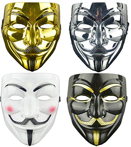 DWTECH Set di 4 maschere V come Vendetta, maschera anonima, per Halloween, per cosplay, feste, regalo