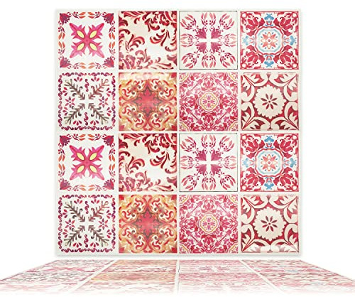 WALPLUS 3D Tile Stickers Peel and Stick Backsplash Splashback Decals Tile Transfer for Kitchen Bathroom Living Room Stick on Tile Waterproof Moroccan Rose Red Mosaic 16 Sheets 15.4cm(6)