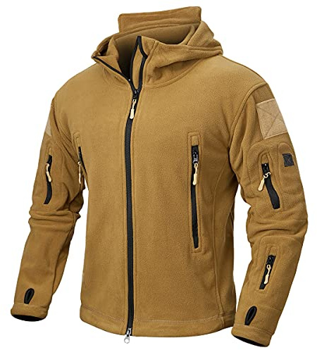 CARWORNIC Veste tactique en polaire pour homme - Veste chaude à capuche - Veste d'hiver militaire - Veste de sport pour l'extérieur, la chasse, la randonnée, kaki, L