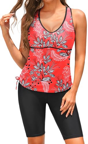 Yonique Women Two Piece Tankini Swimsuits with Shorts Athletic Bathing Suit with Swim Shorts Racerback Swimwear Red Floral XL