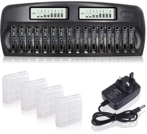 CITYORK 16 Slot Smart AA/AAA NiMH/NiCd Battery Charger Built-in IC Protection - with Discharge Function & LCD Display - with 16 Pack of 1100mAh AAA High Capacity Batteries