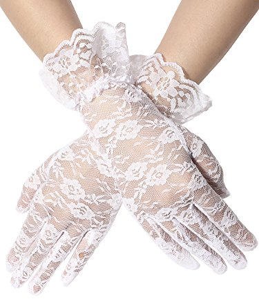 Geyoga Damen Kurze Spitze Handschuhe Elegante Blumen Sommerhandschuhe für Halloween Hochzeit 1980er Party Kostüm (Weiß)