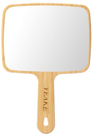 YEAKE Miroir à main en bambou naturel avec poignée, miroir de voyage portable simple face pour homme et femme, 17,5 cm de large x 25,1 cm de long
