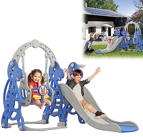 YUENFONG 4-in-1 Kinderrutsche, Kleinkinderrutsche Gartenrutsche Spielplatz Slide mit Basketballkorb und Kletterleiter, Faltbare Rutsche für Kinder Tragfähigkeit bis zu 50KG