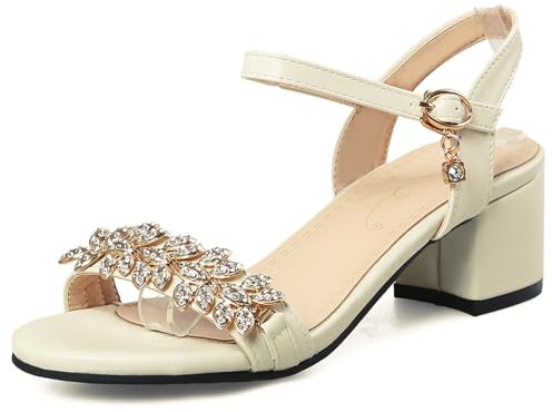 OALEEN Sandales Femme Eté Petit Talon Carré Bride Cheville Strass Nu-pieds PU Cuir Confort Chaussures Ouverte Mariage Beige 38