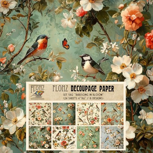 Decoupage Paper Pack (24 Sheets 6x6) Birdsong in Bloom: Whimsical Birds and Blossoms in Soft Hues, Perfect for Nature-Inspired Crafting # Vintage Styled Paper for Craft and Scrapbooking