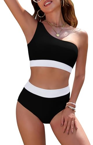 SHEKINI Bikini Set for Women High Waisted One Shoulder Two Piece Swimsuit Padded Tummy Control Swimwear Vintage Bathing Suit