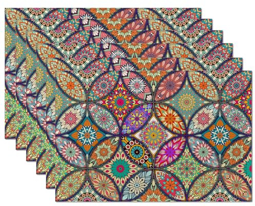Mandala Flower Placemats Set of 6,Table Mats Non-Slip Heat Resistant Washable Placemat for Party Kitchen Dining Table Decoration Indoor Outdoor