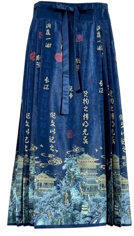 FQLGJMY Donna Cavallo Faccia Gonna Piegato Cravatta A-Linea Lunga Stampa Gonna Tradizionale Cinese Costume Hanfu