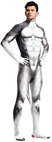 Animal Wolf Muscle Catsuit Jumpsuit with Tail,Women Men Halloween Fullbody Big Bad Wolf Cosplay Costume (Male,Large)