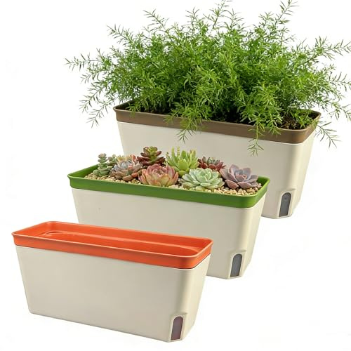 TEYIAN 3 Pack Self Watering Plant Pot Indoor Outdoor 27x11.5cm Plastic Flower Pot Modern Decorative Garden Planter Pots for Herb Orchid Aloe Succulent Plants