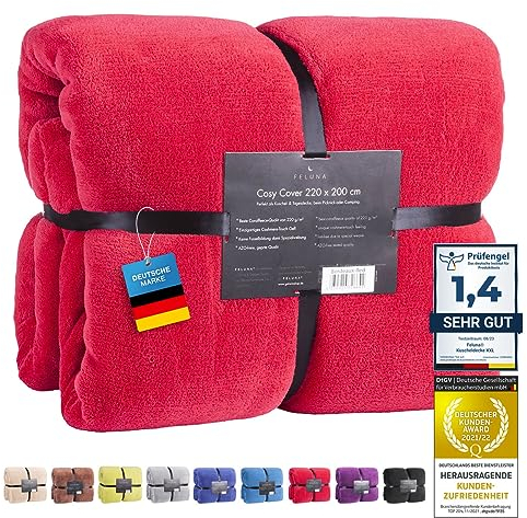 Feluna® Kuscheldecke XXL Mikrofaser-Decke Tagesdecke Wohndecke mit Kaschmir-Touch 220 x 200 cm - Rot
