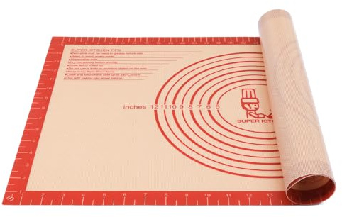 Non-slip Silicone Pastry Mat Extra Large with Measurements 16''By 26'' for Silicone Baking Mat, Counter Mat, Dough Rolling,Oven Liner,Fondant/Pie Crust By Folksy Super Kitchen Red