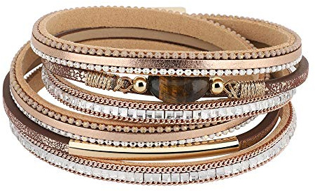 Emibele Bracciale in Pelle per Donne, Bracciale Avvolgente Multistrato Fatto a Mano Stile Esotico con Perline e Chiusura Magnetica a Tubo - Champagne