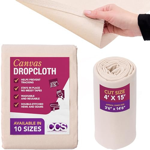 CCS Canvas Drop Cloth for Painting – All Purpose Cotton Duck Cloth Tarp for Curtains, Tablecloths, Backdrops – Washable & Reusable Floor Cover & Dust Sheet for Furniture (4x15 Ft)