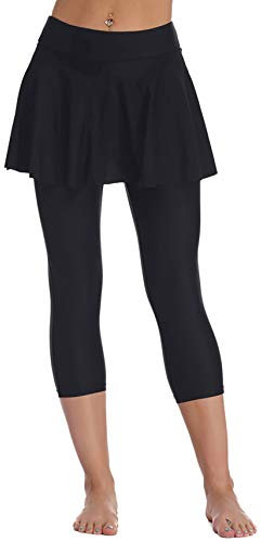 Ecute Damen Schwimm Leggings Mit Rock Wassersport Bikinihose Schwimmenhose Lang Wassersport Sonnenschutz, S, Schwarz