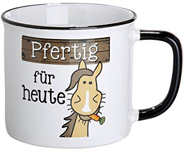GILDE Keramiktasse - Pfertig für heute - Emaill Design im XL Fromat