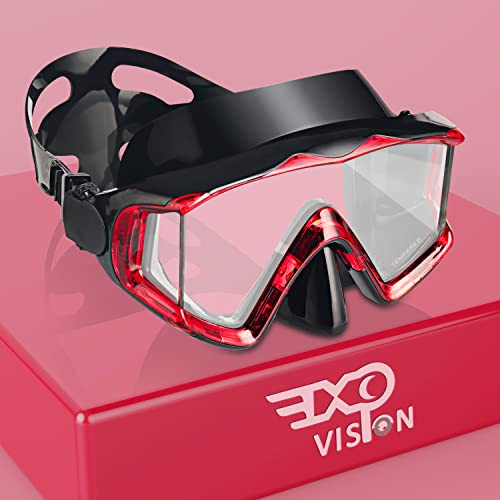 Pano - Maschera subacquea per adulti con 3 finestre per snorkeling, maschera subacquea in vetro temperato di alta qualità con copertura per il naso per snorkeling, immersioni e nuoto (nero rosso)