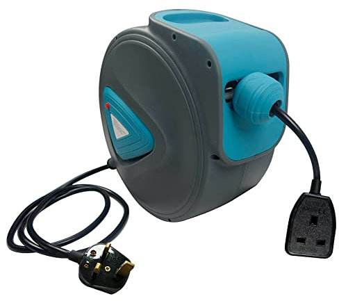 Froadp Enrouleur de câble, automatique, de 20 m, avec support mural, rotatif à 180°, avec protection contre les surcharges, câble électrique avec matériel de montage (bleu + gris)