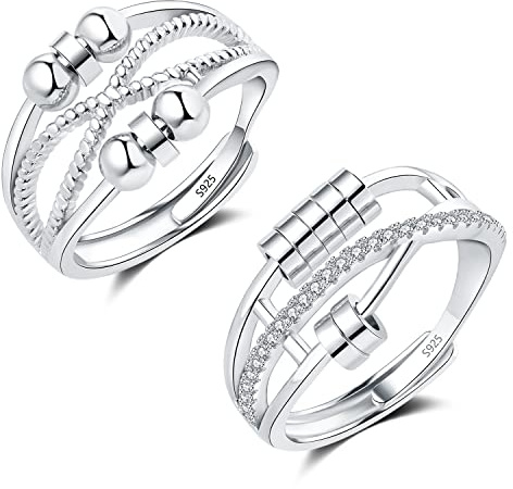 Cangall Lot de 2 bagues anti-anxiété en argent sterling 925, anneaux ouverts et réglables avec perles, bague tournante pour l'anxiété, le stress, les femmes, les hommes, les filles, taille unique
