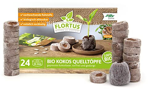 FLORTUS – Kokos Quelltöpfe aus Anzuchterde mit organischem BIO Dünger – 24 Stück Kokos Quelltabletten torffrei & biologisch abbaubar – Quelltabs aus Kokoserde zur Anzucht von Samen & Setzlingen