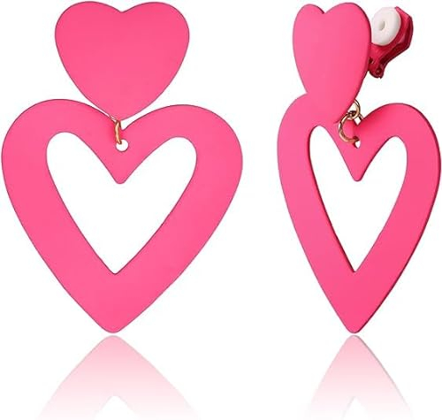Jerywe Boucles D'Oreilles Clip pour Femmes Boucles D'Oreilles Longues Double Coeur Boucles D'Oreilles Pendantes Rose foncé Forme de Coeur Valentin FêTe MèRes Anniversaire Mode Cadeaux