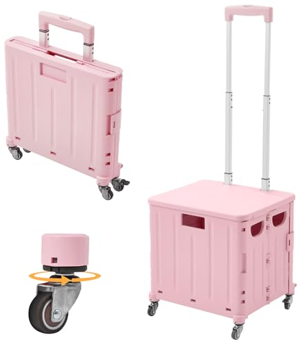 The Fellie 45L Foldable Shopping Trolley with 4 Rotate Wheels, Storage Boot Cart with Adjustable Telescopic Aluminium Handle, Portable Crate Handcart with Lid Grocery Trolley for Camping(30KG,Pink)