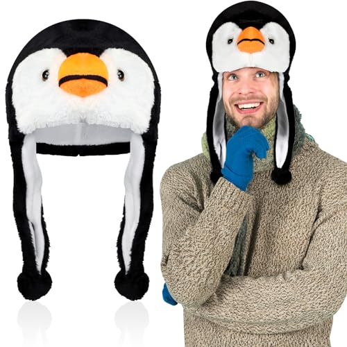 Hicarer Cute Plush Animal Hat with Ear Flaps - Penguin Costume Cosplay Cartoon Earflap Cap Winter Ski Style Warm Hats Soft Headwear Photo Props for Kids Adults
