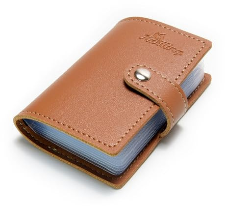 Karlling credit card holder wallet for women/man soft leather business card holder card case organizer bag with 20 card sleeves inside(Brown)