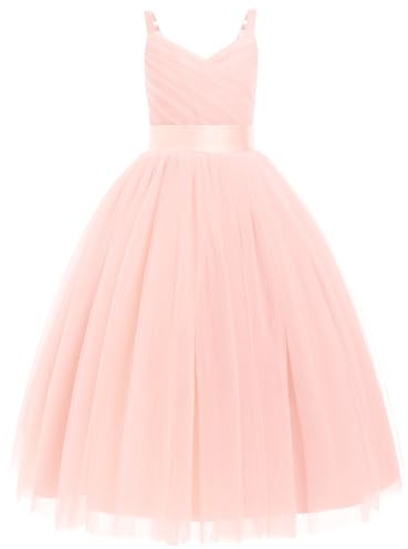 IBTOM CASTLE Flower Girls Tutu Dress Spaghetti Straps Party Dress Wedding Pageant Bridesmaid V-Nevk Dress Girl Pirncess Prom Birthday Dance First Communion Ball Gown Straps-Light Pink 12-13 Years