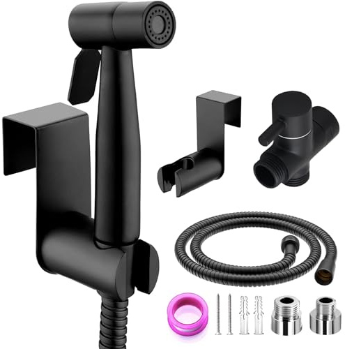 Bidé handdusch set, Rostfritt stål borstad bidé handdusch, bidé spruta med G1/2 tum ventil och en G3/8 tum toalettadapter, bidé beslag för toalett, personlig hygien och blöjrengöring (Svart)